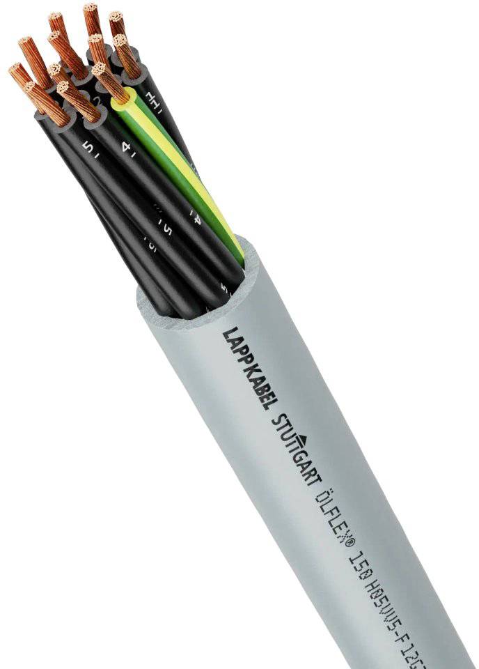 Ein graues Kabel mit mehreren Kupferadern, teilweise in farbiger Isolierung. Aufschrift 'LAPPKABEL STUTTGART'.