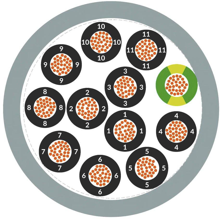 Querschnitt eines elektrischen Kabels mit mehreren gebündelten Leitern, nummeriert von 1 bis 11, eine grün-gelbe Isolation.