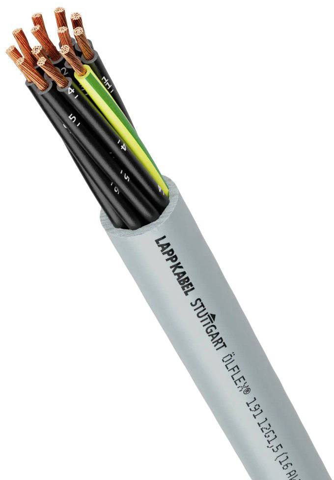 Ein graues mehradriges Kabel mit Beschriftung 'ÖLFLEX' und 'LAPPKABEL'. Sichtbare Kupferdrähte und Isolierung in Schwarz und Gelb-Grün.
