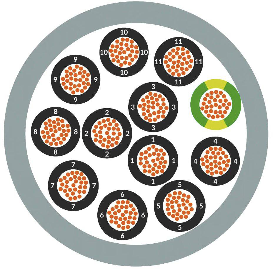 Ein Kabelquerschnitt zeigt zwölf Bündel von Kupferdrähten, die von isolierenden Hüllen umgeben sind. Ein Bündel ist grün markiert.
