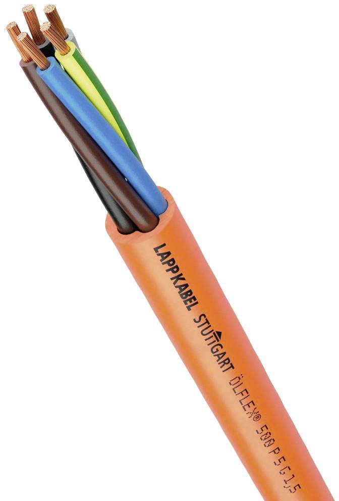 Ein orangefarbenes Stromkabel mit fünf unterschiedlich farbigen Drähten und der Beschriftung 'Lapp Kabel Stuttgart'.