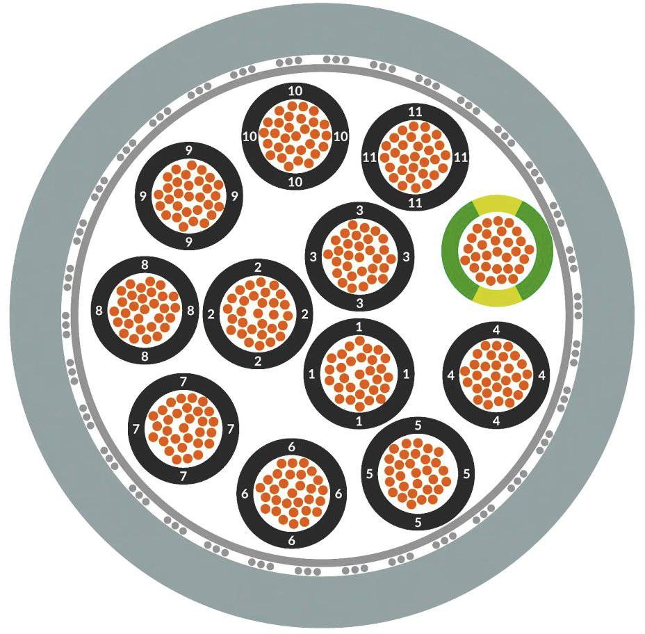 Schematische Darstellung eines Mehrleiterkabels mit nummerierten Leitern in schwarz und orange. Ein Leiter ist grün und gelb hervorgehoben.