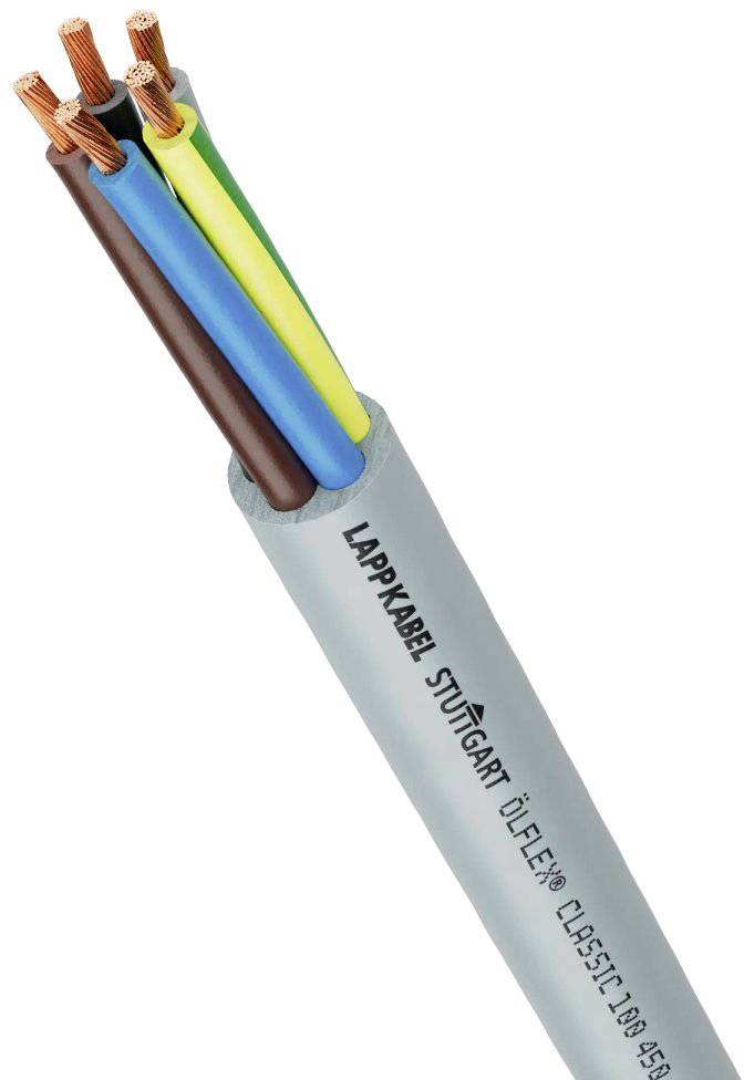 Ein graues Kabel mit vier freiliegenden Kupferleitern in den Farben Braun, Blau, Gelb-Grün, und Schwarz. Text: 'Lappkabel Stuttgart Ölflex'.