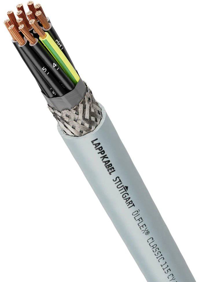 Ein Querschnitt eines mehradrigen Kabels mit offenliegenden Kupferdrähten. Die Beschriftung zeigt 'Lappkabel Stuttgart ÖLFLEX'.