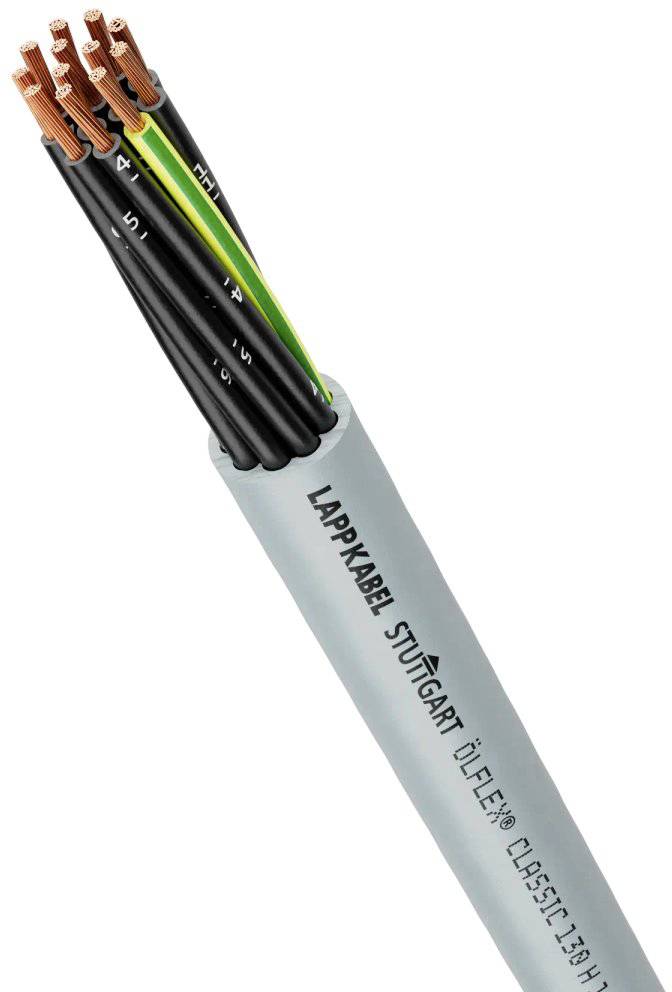 Ein graues, mehradriges Kabel mit freiliegenden Kupferdrähten an einem Ende, beschriftet mit 'Lappkabel Stuttgart ÖLFLEX®'.