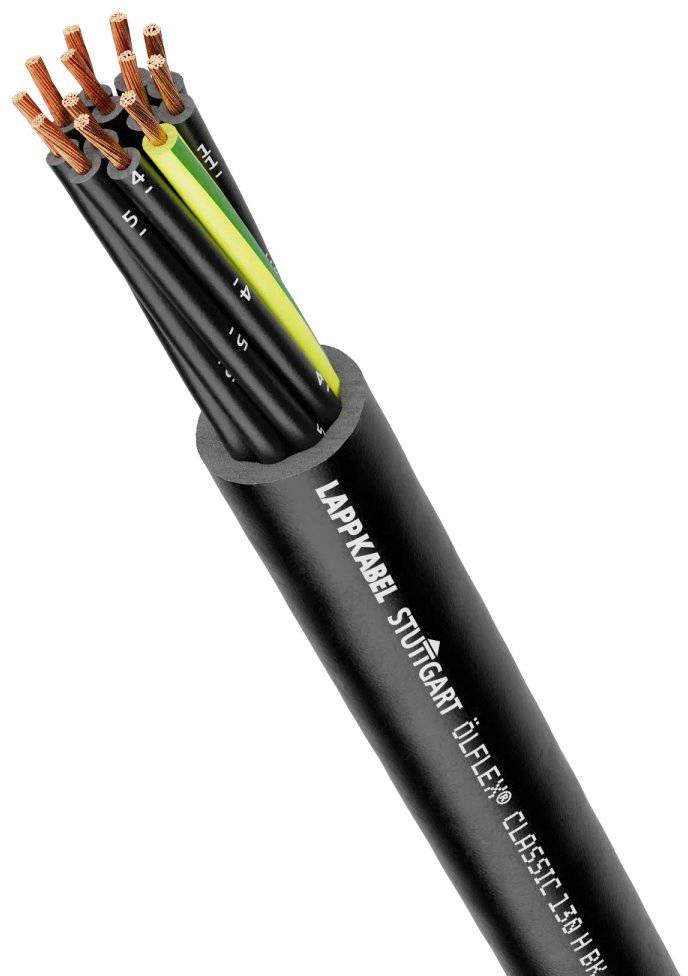 Ein schwarzes Stromkabel mit mehreren Kupferdrähten, darunter ein gelber Schutzleiter. Aufschrift 'Lapp Kabel ÖLFLEX® Classic 110'.