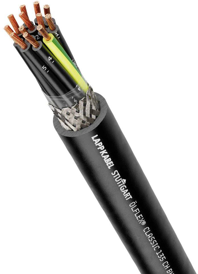 Mehradriges schwarzes Kabel mit sichtbaren Kupferdrähten und gelb-grüner Erdleitung, beschriftet mit 'LAPPKABEL STUTTGART ÖLFLEX'.