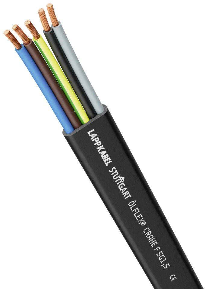 Ein Profilbild eines mehradrigen Kabels mit sichtbaren Kupferdrähten. Das Kabel ist von 'LAPP KABEL' aus Stuttgart und trägt die Aufschrift 'ÖLFLEX® CRANE F5 1.5'.