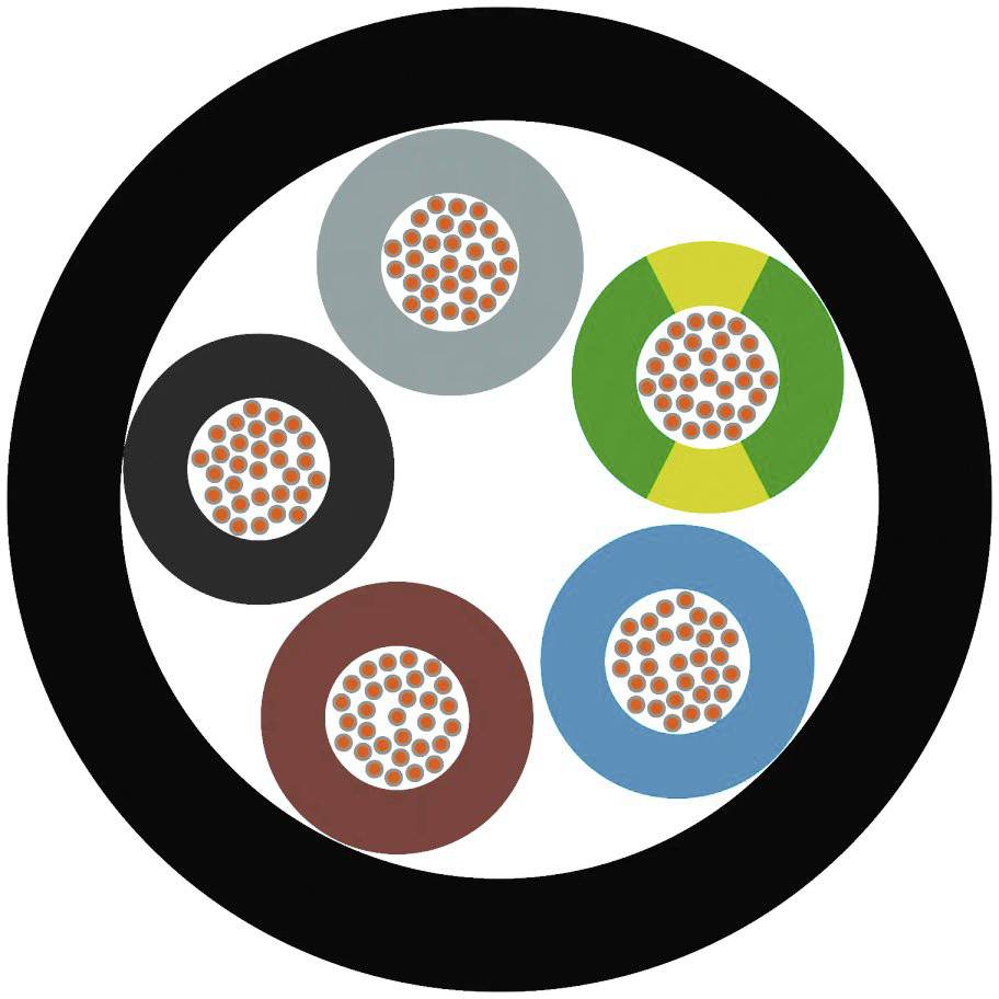 Querschnitt eines Kabels mit fünf unterschiedlich gefärbten Drähten: schwarz, rot, braun, grün-gelb und blau.
