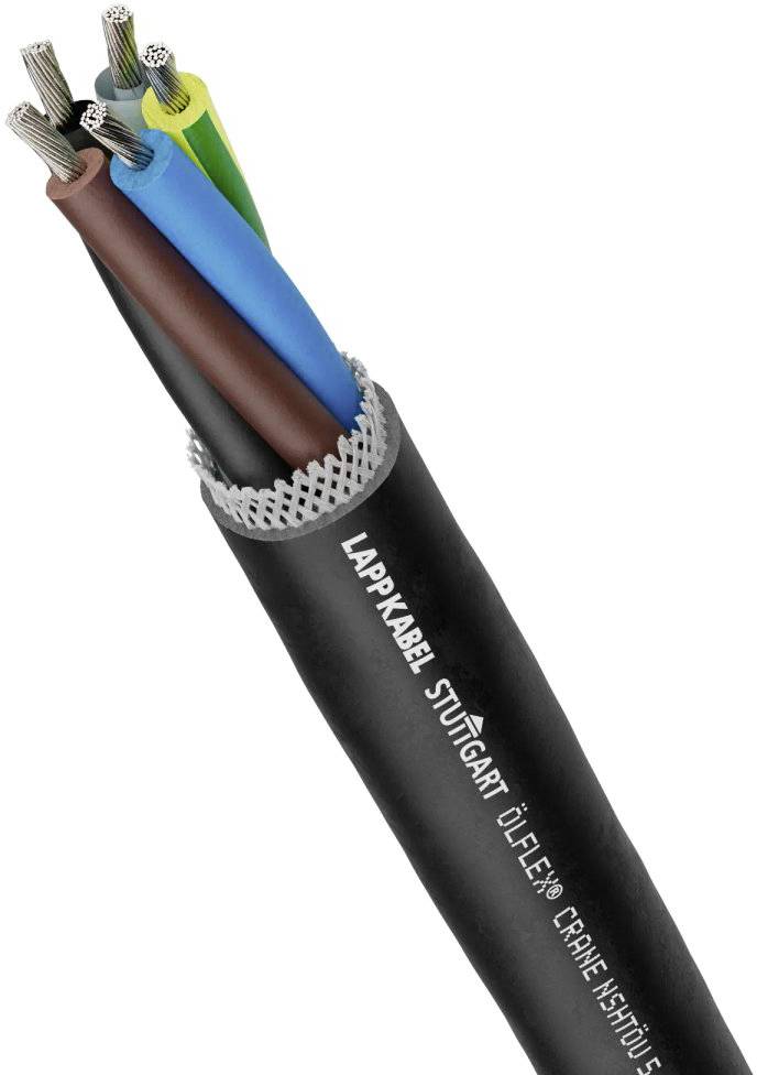 Schwarz ummanteltes Kabel mit vier bunten Adern: grün-gelb, blau, braun, schwarz. Aufschrift: 'Lappkabel Stuttgart ÖLFLEX® CRANE 1SHTSU'.