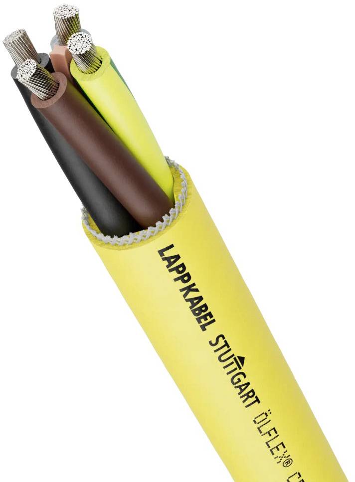 Gelbes Kabel mit vier inneren Leitungen in verschiedenen Farben, darunter Braun, Schwarz, Rot und Gelb-Grün. Beschriftet mit 'LAPP KABEL'.