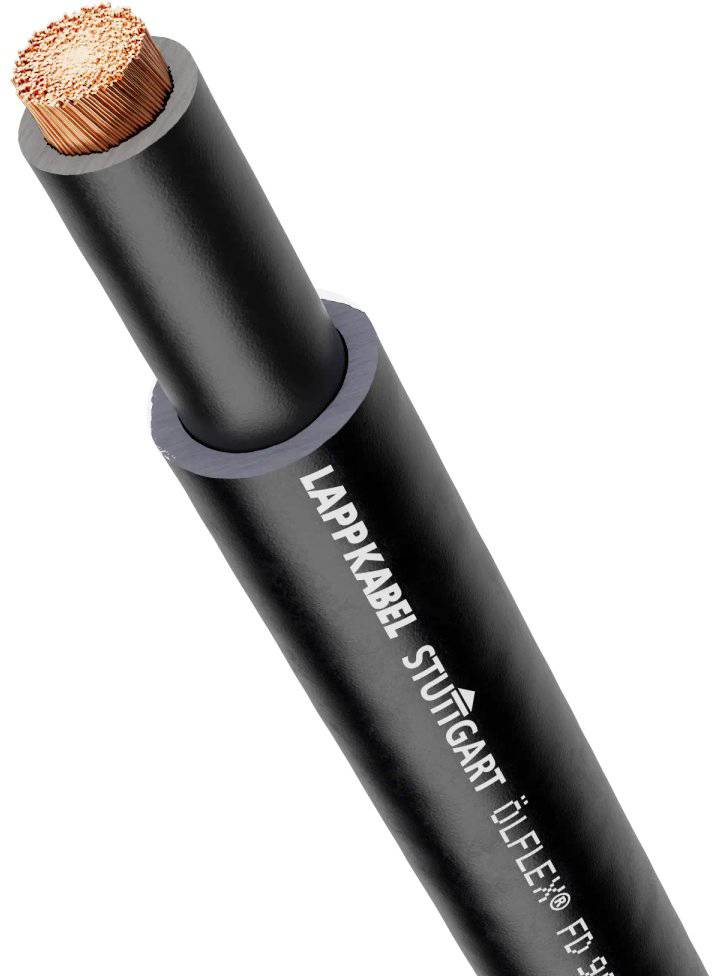 Schwarzes, flexibles Kabel mit kupfernem Drahtkern, beschriftet mit 'Lappkabel Stuttgart Ölflex FD'.