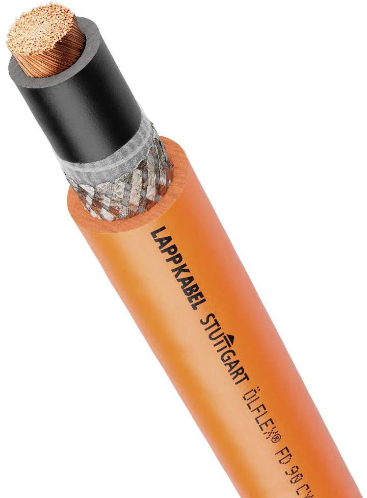 Ein orangefarbenes, industrielles Elektrokabel mit der Aufschrift 'LAPP KABEL STUTTGART', zeigt einen Querschnitt der Kupferlitzen.