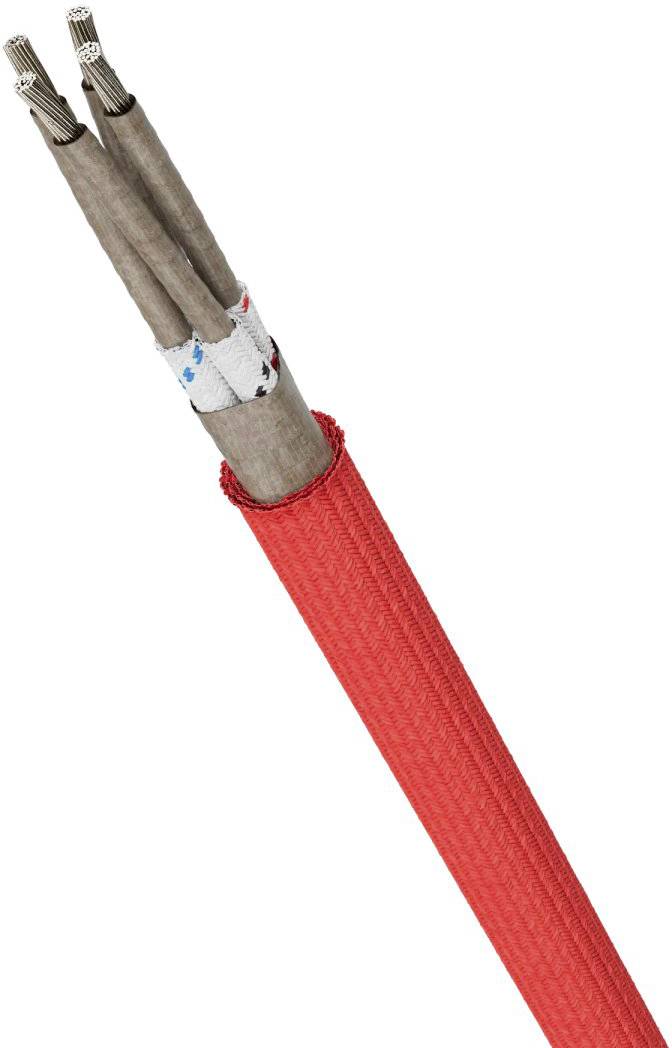 Ein rotes Kabel mit zwei freiliegenden, silbernen Drahtenden. Es hat eine Textilhülle und ist über eine Isolierung gewickelt.