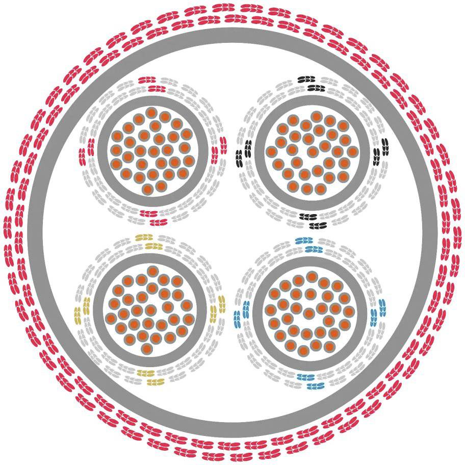 Ein Diagramm zeigt vier Cluster aus orangen Kreisen, umringt von grauen und farbigen Symbolen, die verschiedene Kategorien darstellen.