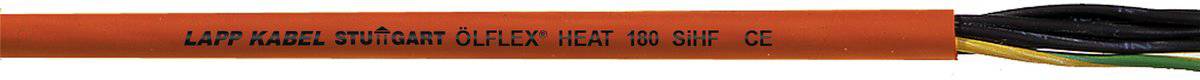 Ein orangefarbenes Kabel mit der Aufschrift 'LAPP KABEL ÖLFLEX HEAT 180 SiHF CE', zeigt Drähte in Schwarz, Grün/Gelb und Braun.