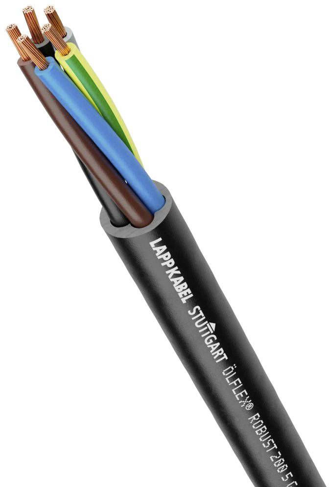 Vieladriges Kabel mit offengelegten, unterschiedlich farbigen Kupferdrähten. Auf dem Kabel steht 'ÖLFLEX® ROBUST' und 'LAPPKABEL'.