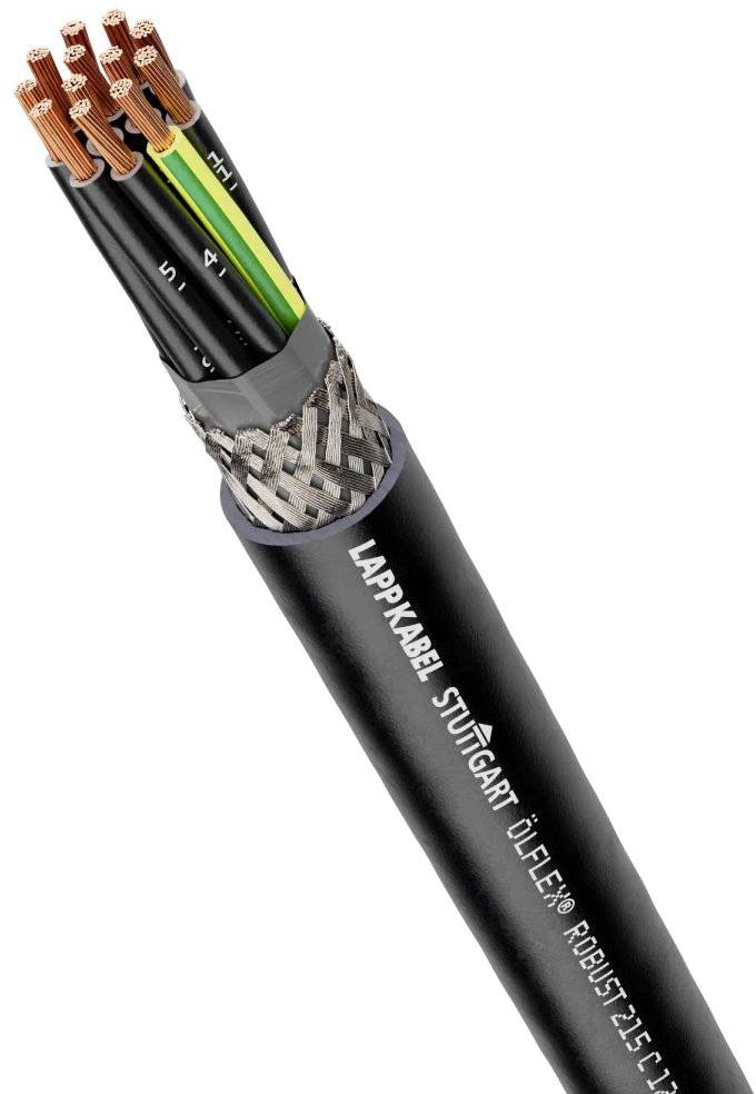 Schwarzes Kabel von Lappkabel Stuttgart, Typ ÖLFLEX® ROBUST 215 C, mit mehreren isolierten Kupferleitern und geflochtenem Metallschutz.