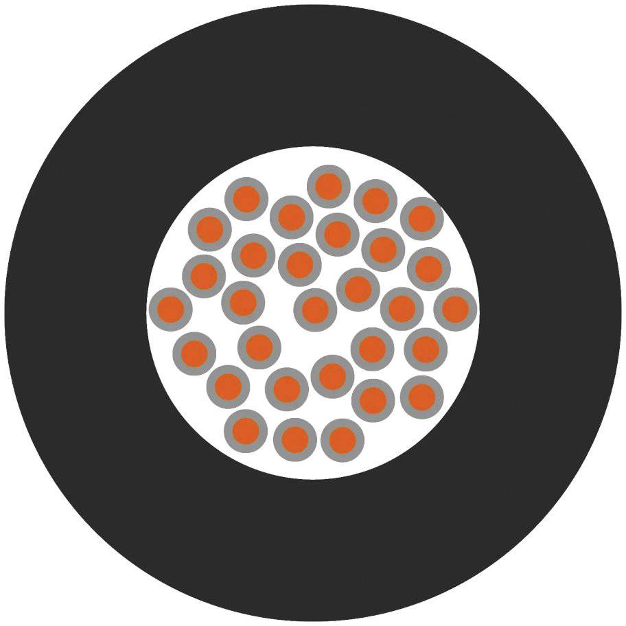Graphische Darstellung eines Kabelquerschnitts mit mehreren orangefarbenen Leitungen im Inneren, umgeben von einer schwarzen Isolierschicht.