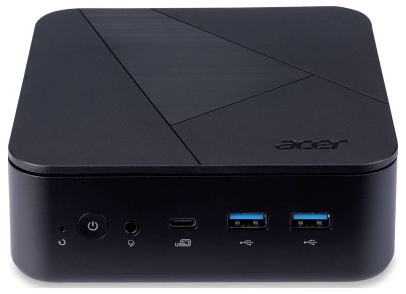 Ein schwarzer Mini-PC mit dem Logo einer bekannten Elektronikmarke. Vorderseite zeigt Power-Taste, Audiobuchse, USB-C- und USB-A-Ports.