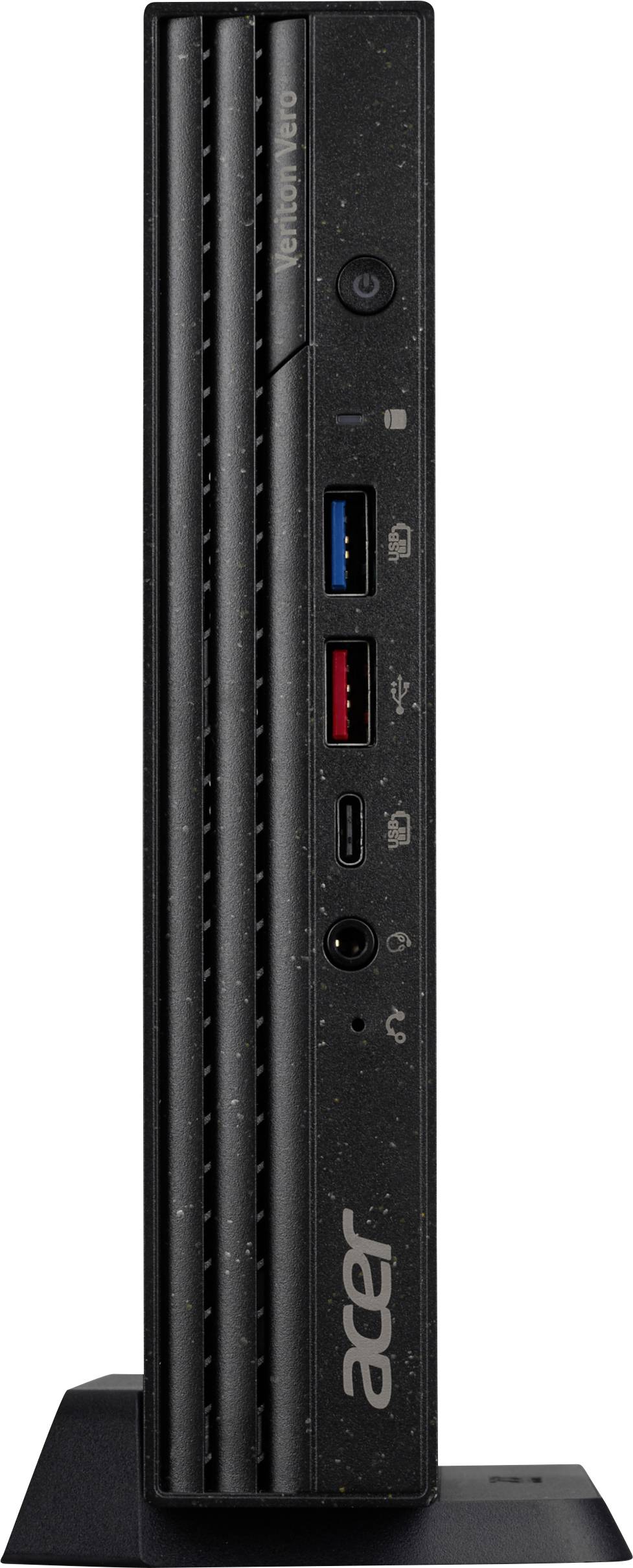 Ein vertikaler schwarzer Acer Mini-PC mit mehreren Anschlüssen und Knöpfen auf der Vorderseite steht auf einem schwarzen Ständer.
