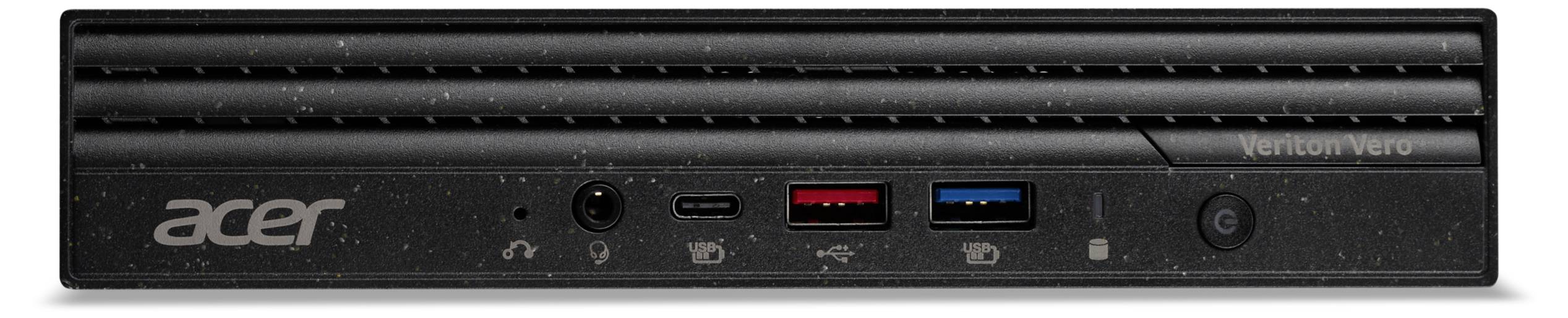Schwarze Acer Veriton Thin Client mit mehreren USB-Anschlüssen und Power-Taste an der Vorderseite.