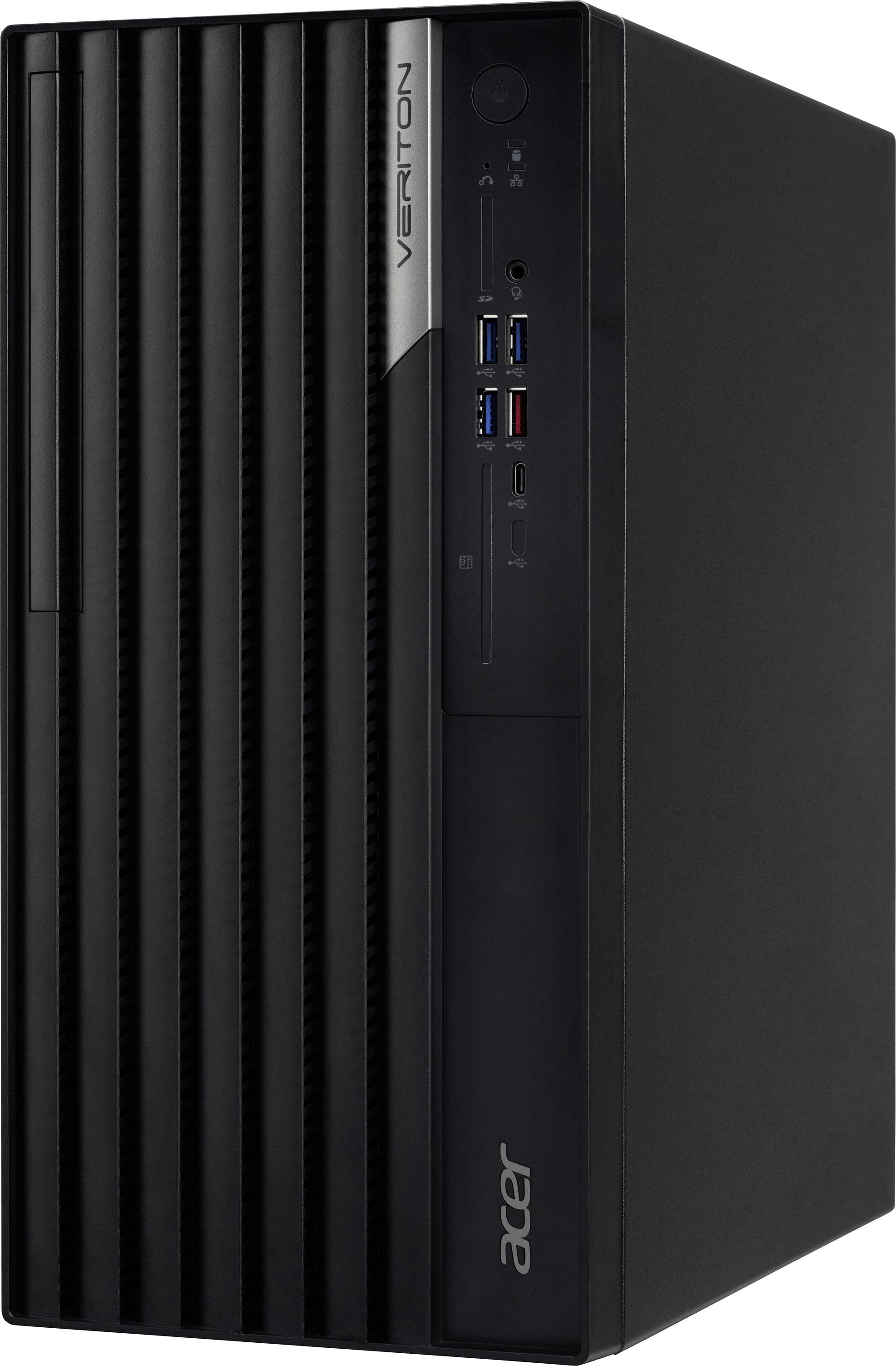 Ein schwarzer Acer Veriton Desktop-PC, schlankes Design mit mehreren USB-Anschlüssen an der Vorderseite, geeignet für Büroanwendungen.