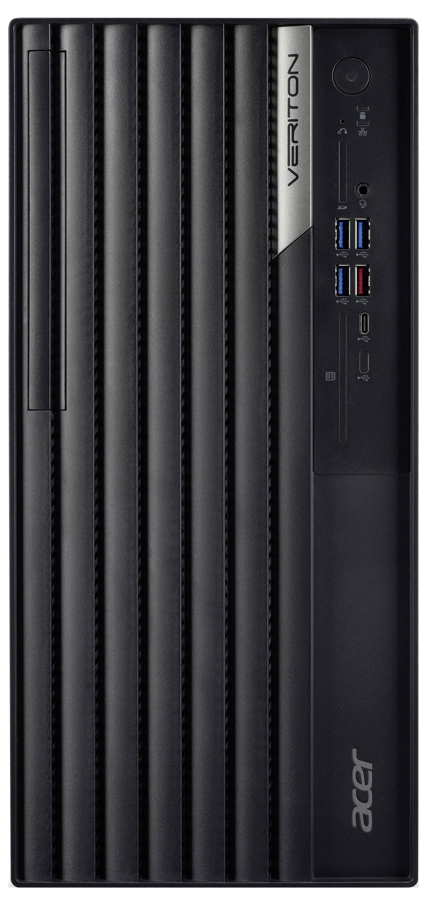 Ein schwarzer Acer Veriton Tower-PC mit mehreren USB-Anschlüssen und optischem Laufwerk vorne.