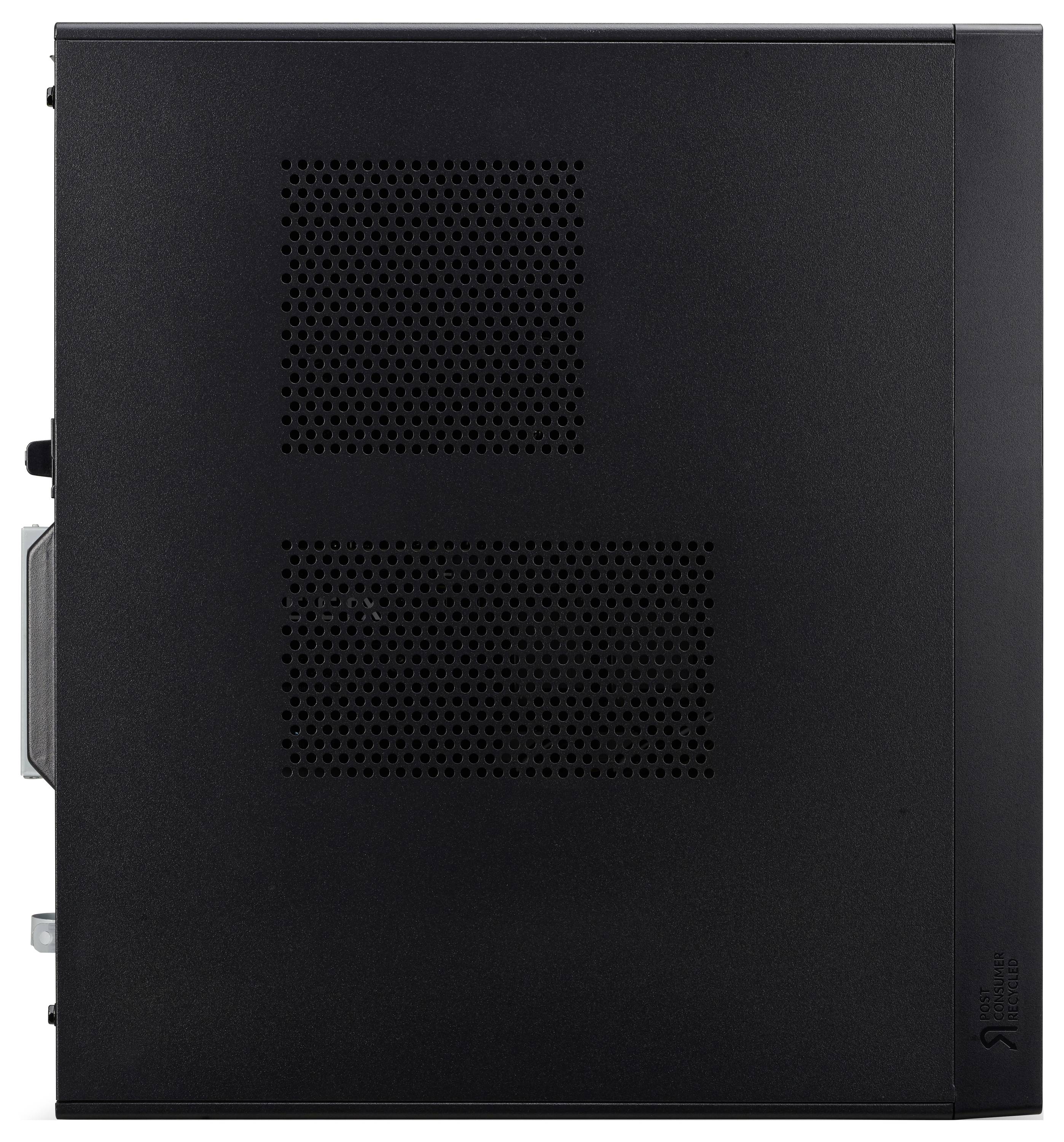 Schwarzes Computergehäuse in Seitenansicht mit zwei belüfteten Bereichen für Luftzirkulation.