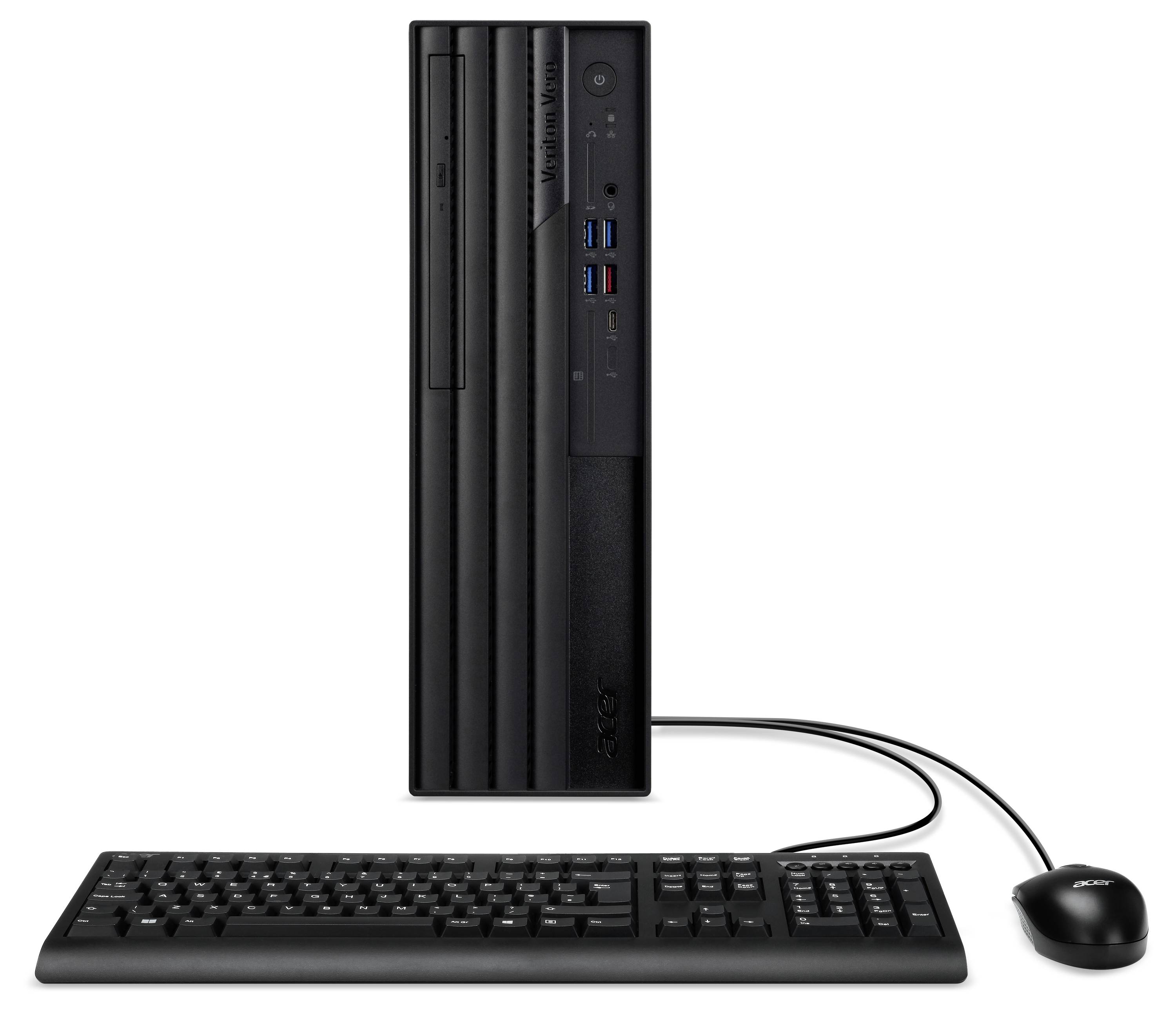 Ein schwarzer Desktop-Computer mit vertikalem Gehäuse, einer angeschlossenen Tastatur und Maus.