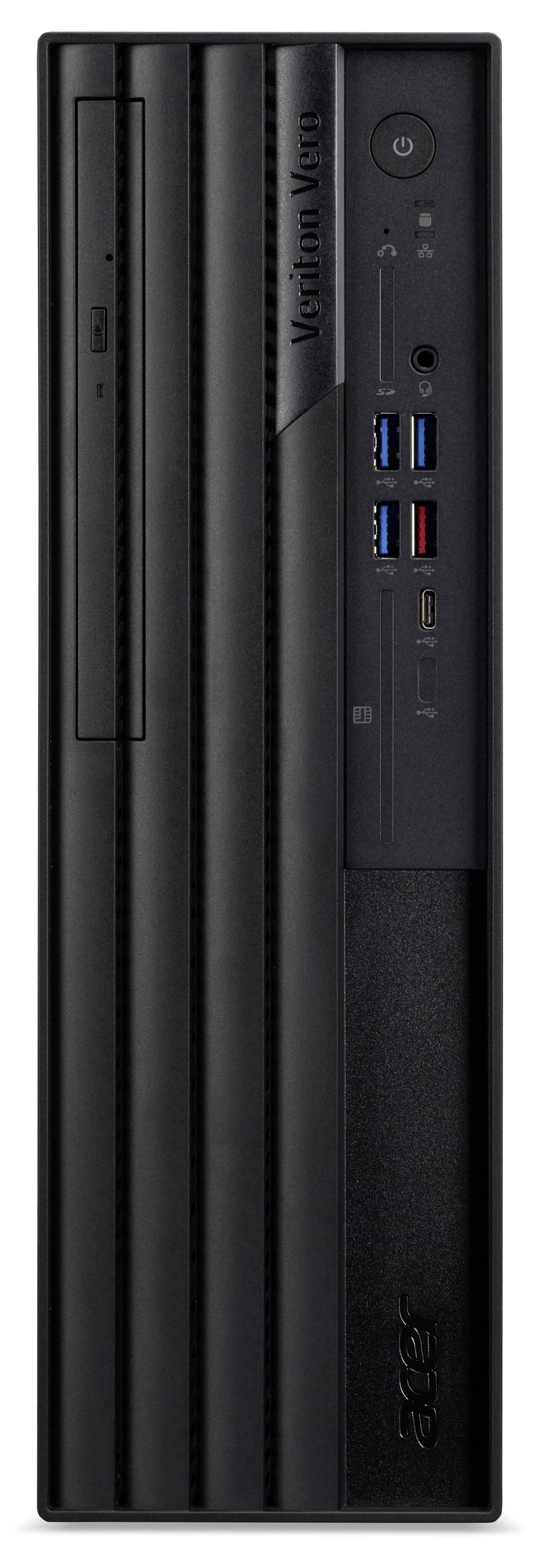 Ein schwarzer Desktop-Computer mit vertikaler Ausrichtung, mehreren USB-Anschlüssen, einem Power-Button und einem optischen Laufwerk.