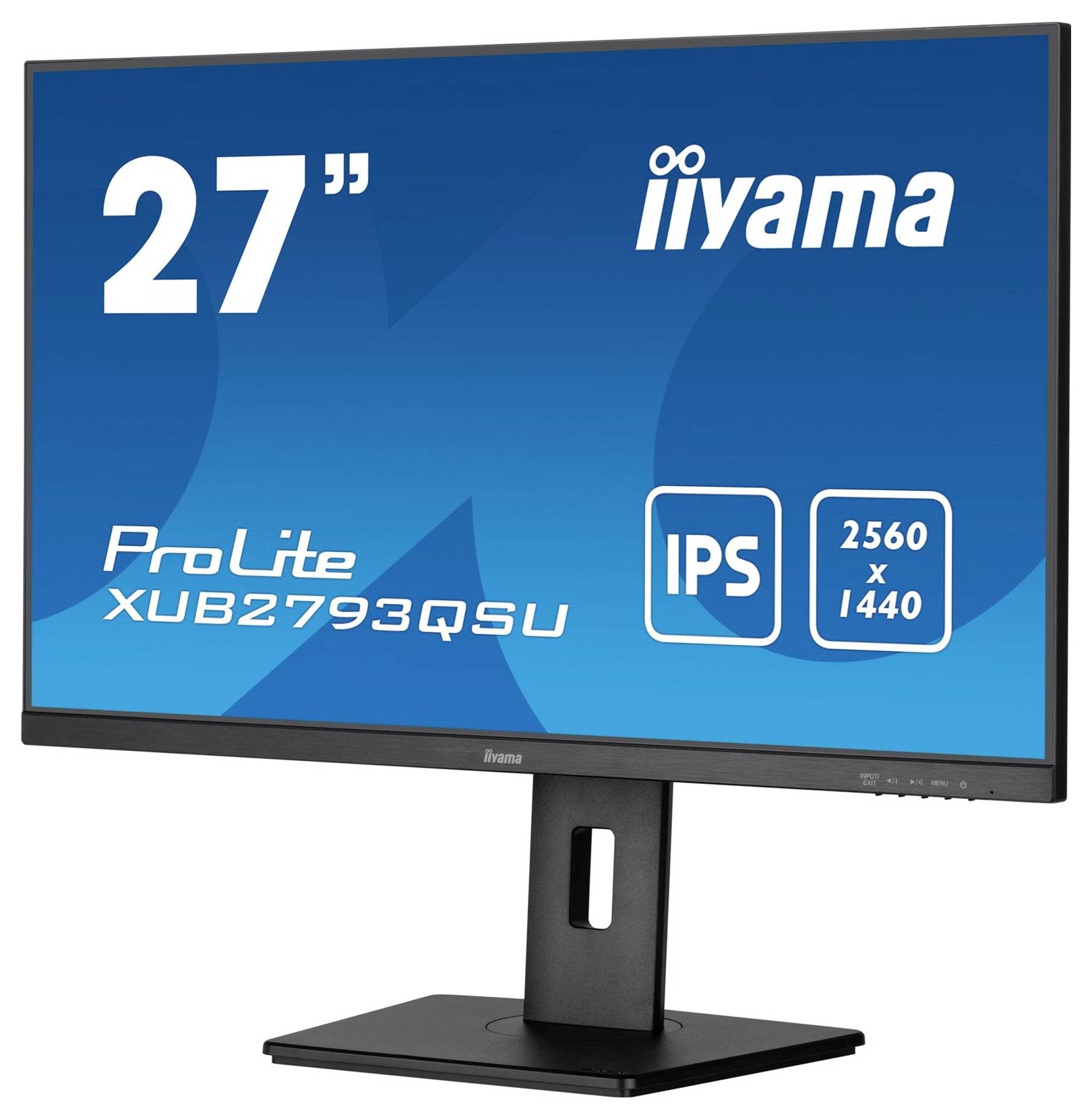 Monitor iiyama ProLite XUB2793QSU, 27 Zoll, mit IPS-Display, Auflösung 2560 x 1440. Der Bildschirm zeigt ein blaues Hintergrundbild.