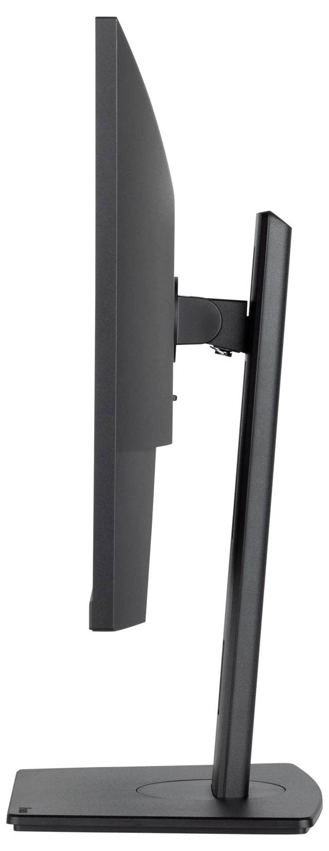 Seitenansicht eines dünnen Computerbildschirms mit rechteckigem Standfuß.