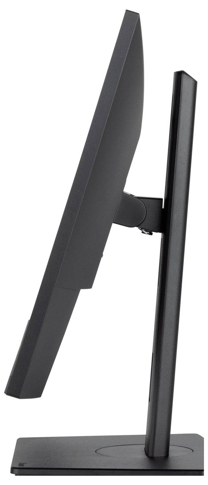 Ein schwarzer Computermonitor im Profil, zeigt seine schlanke, rechteckige Form und seine stabile Standfußkonstruktion.