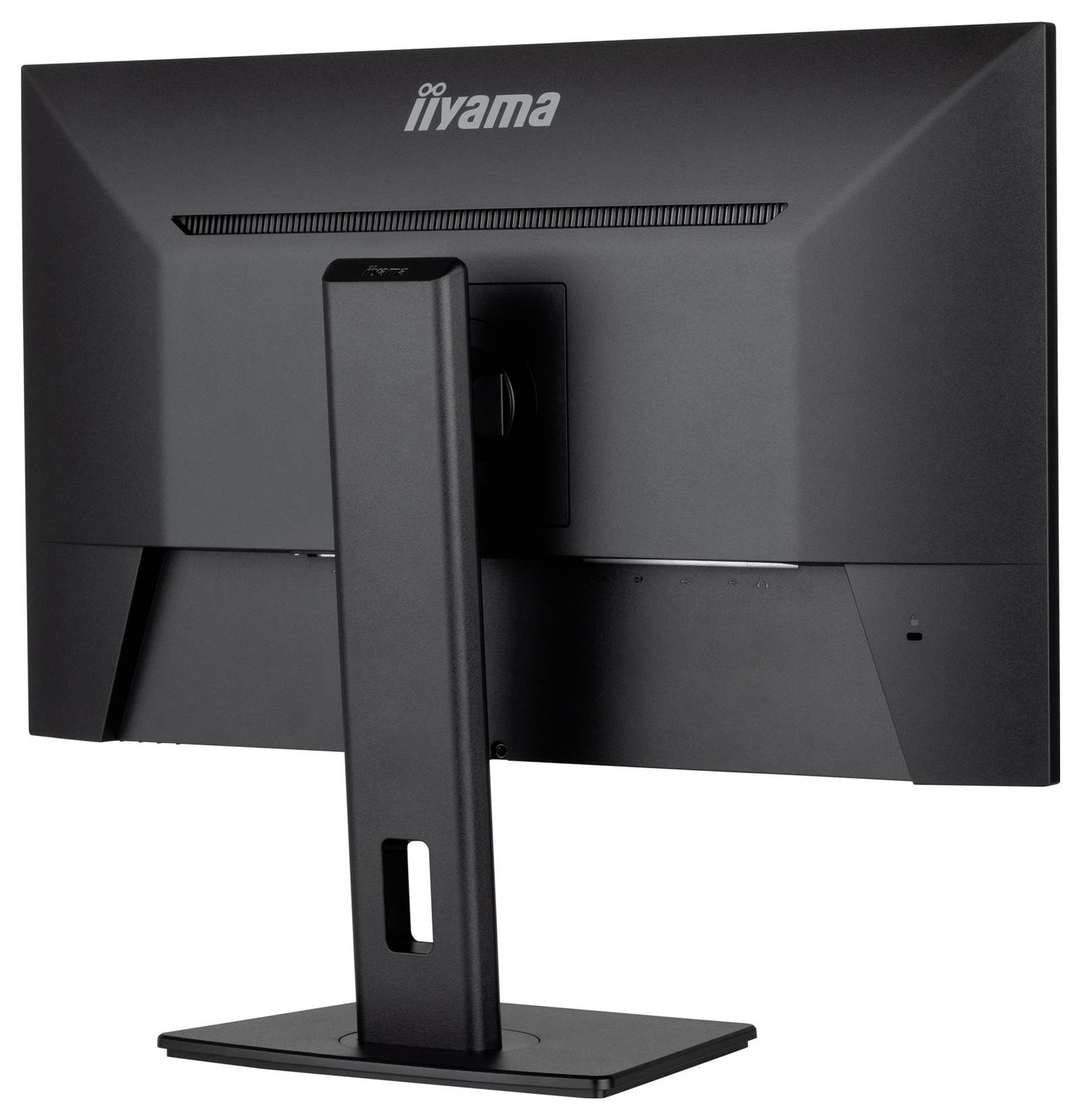 Ein schwarzer Computermonitor von hinten betrachtet, ohne sichtbaren Bildschirminhalt, mit einer robusten Standhalterung.