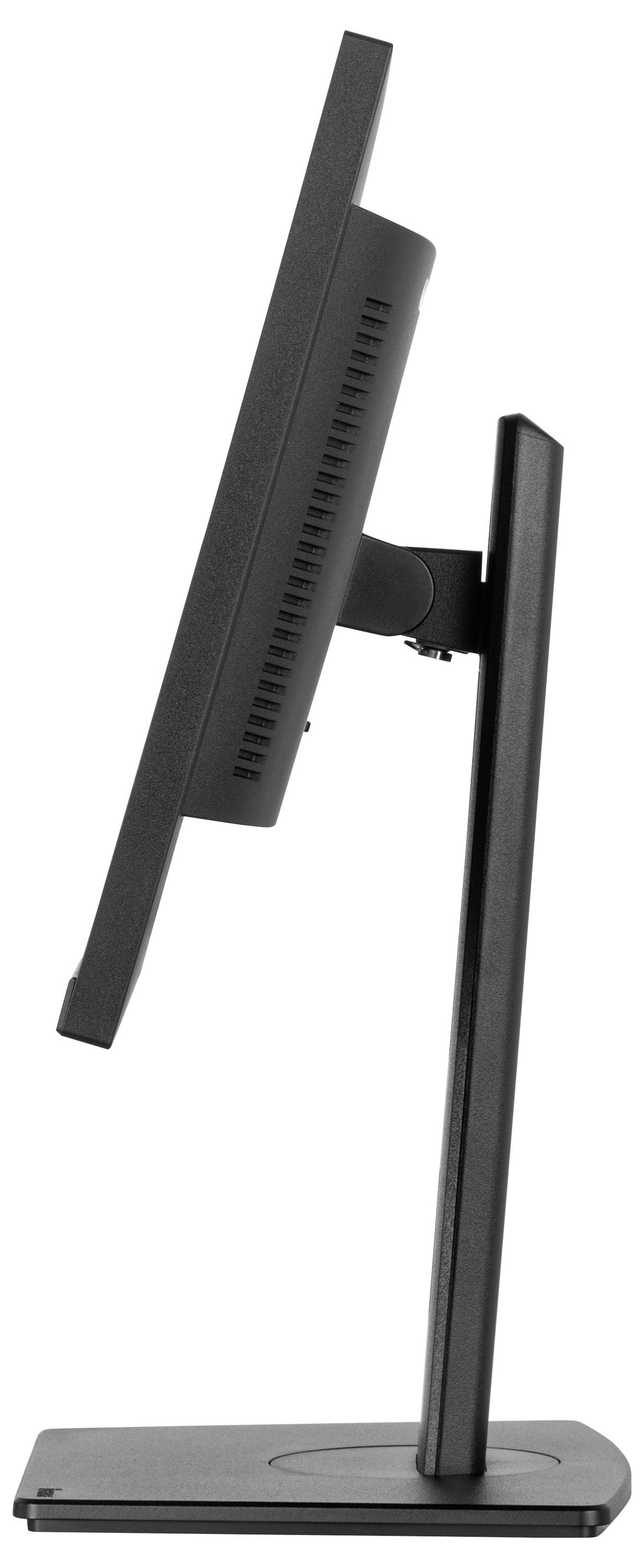 Ein Monitor steht aufrecht auf einem dunklen Standfuß. Er ist seitlich abgebildet und hat ein schlankes Design.