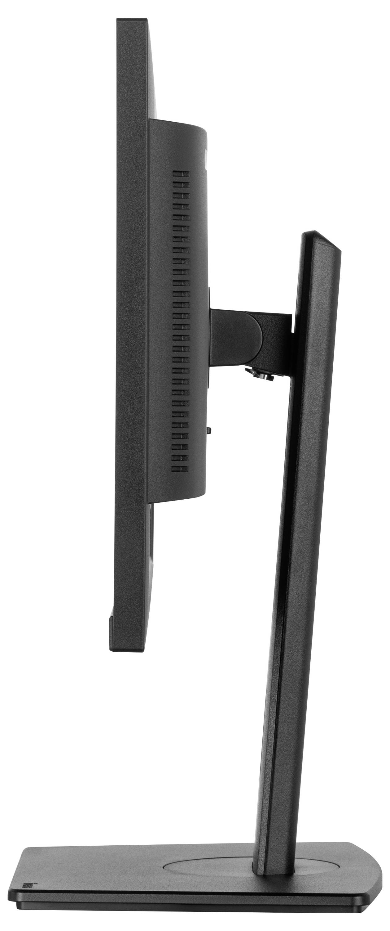 Seitenansicht eines schwarzen Computerbildschirms auf einem Standfuß, vertikal ausgerichtet, zeigt schlankes Design.