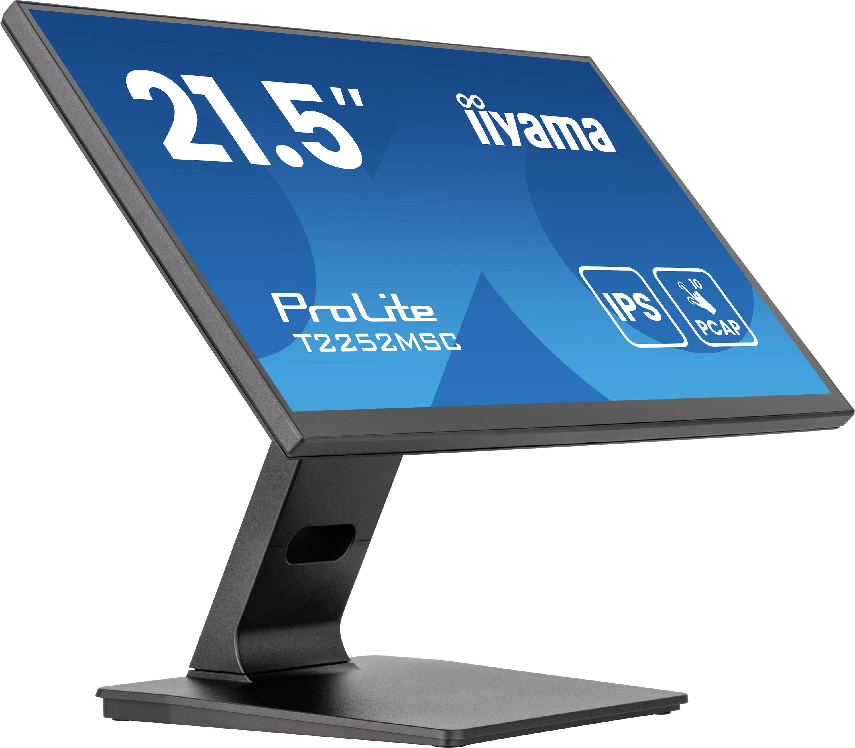 Ein 21,5-Zoll-Widescreen-Monitor der Marke Iiyama, Modell ProLite T2252MSC, zeigt Informationen zu IPS- und PCAP-Technologie.