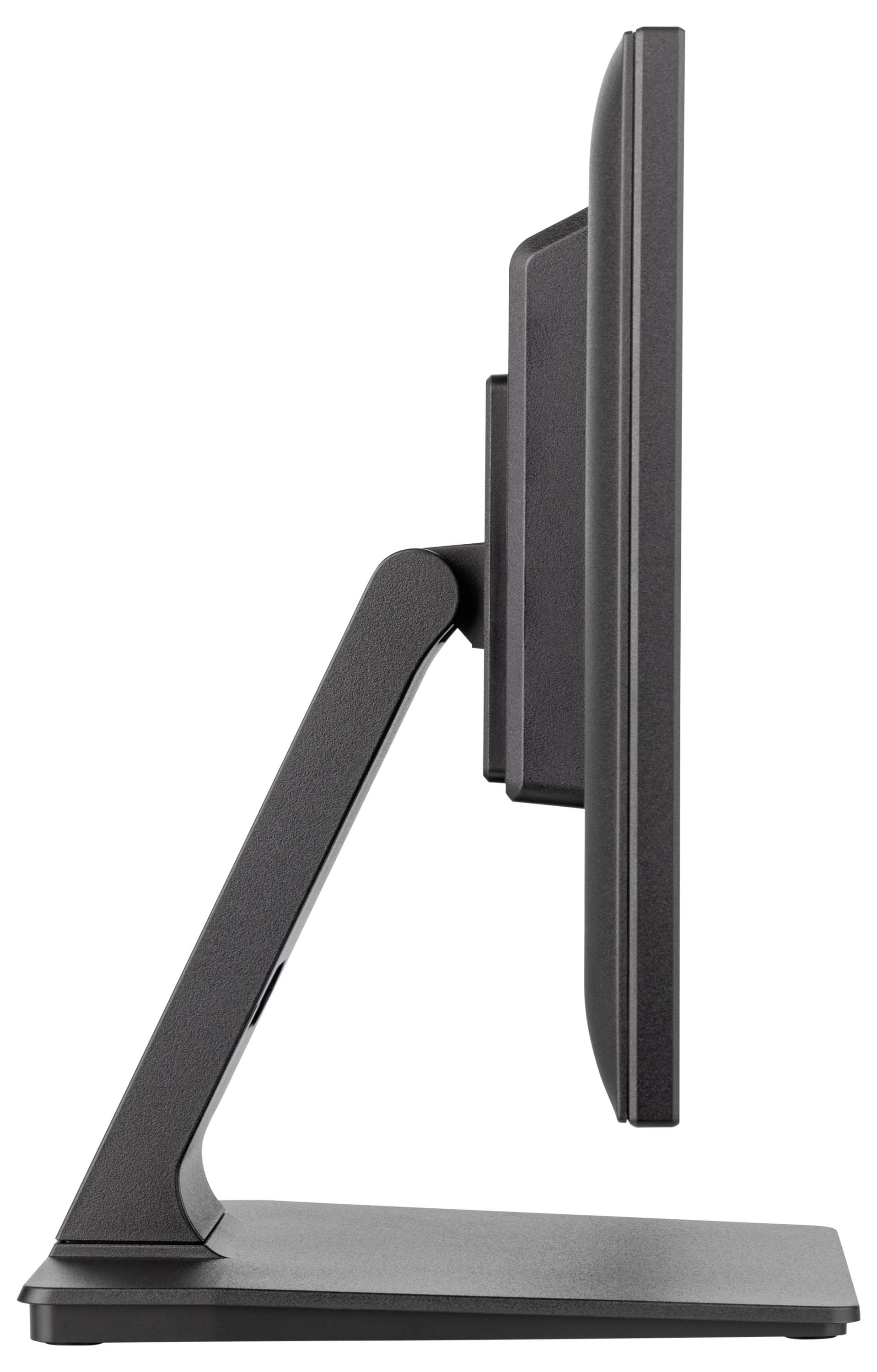 Seitlicher Blick auf einen flachen Computermonitor mit schlankem Standfuß vor weißem Hintergrund.