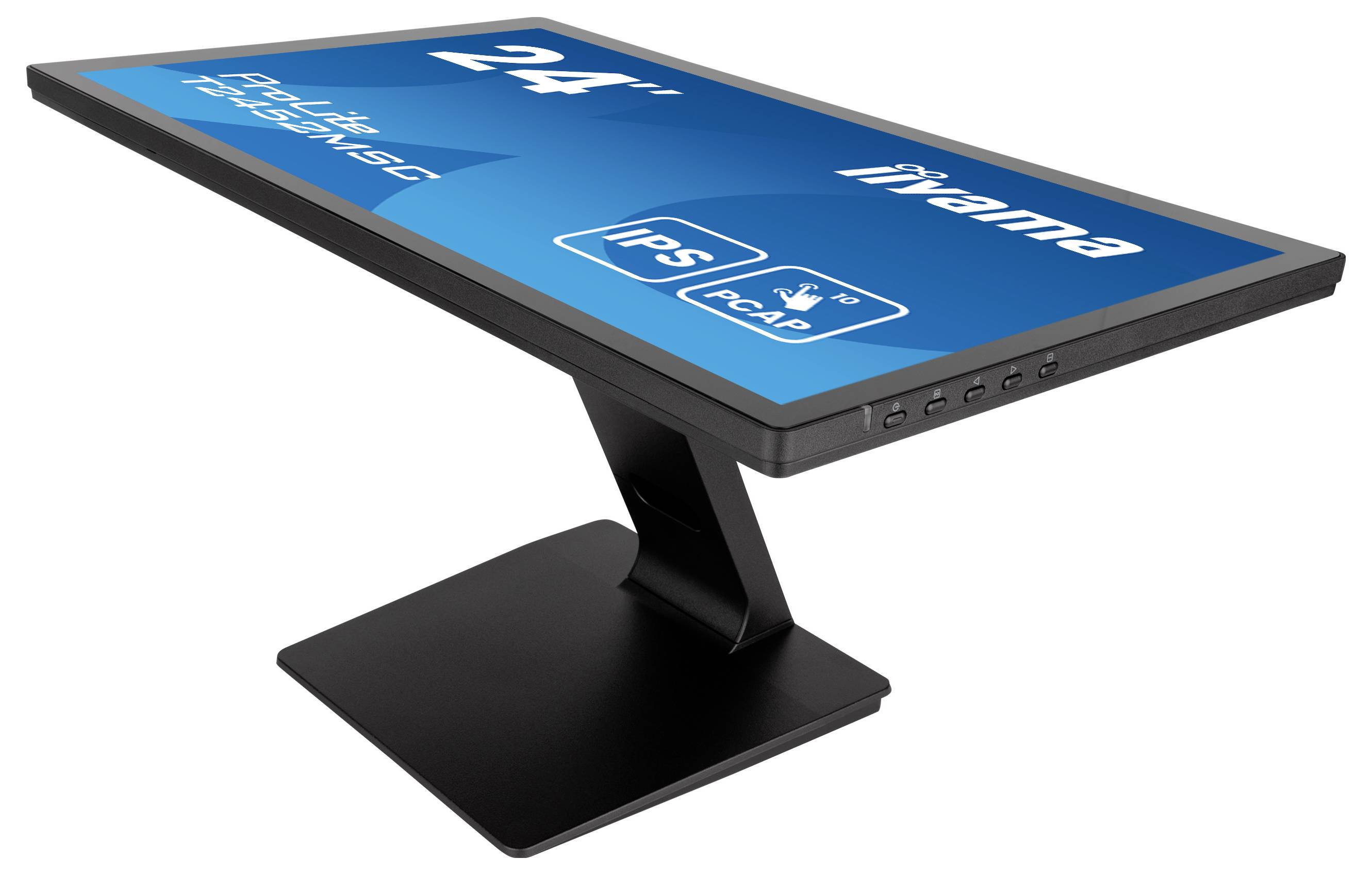 Monitor mit 24-Zoll-Display, steht schräg auf einem schwarzen Standfuß. Details zur IPS-Technologie und Touchscreen-Fähigkeit sind zu sehen.