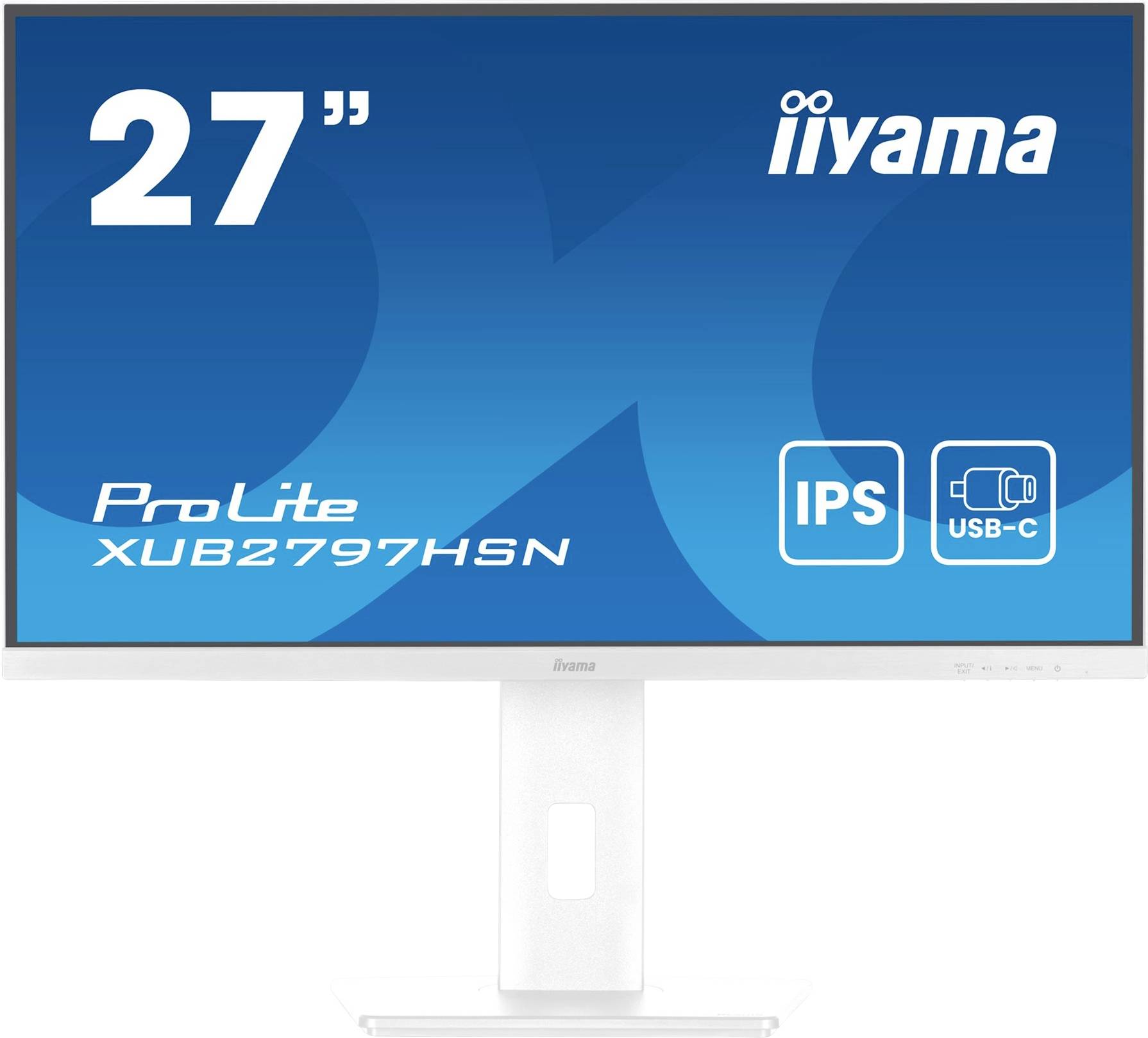 Großer Bildschirm mit der Aufschrift '27 Zoll' und 'iiyama'. Modell ProLite XUB2797HSN, unterstützt IPS und USB-C.