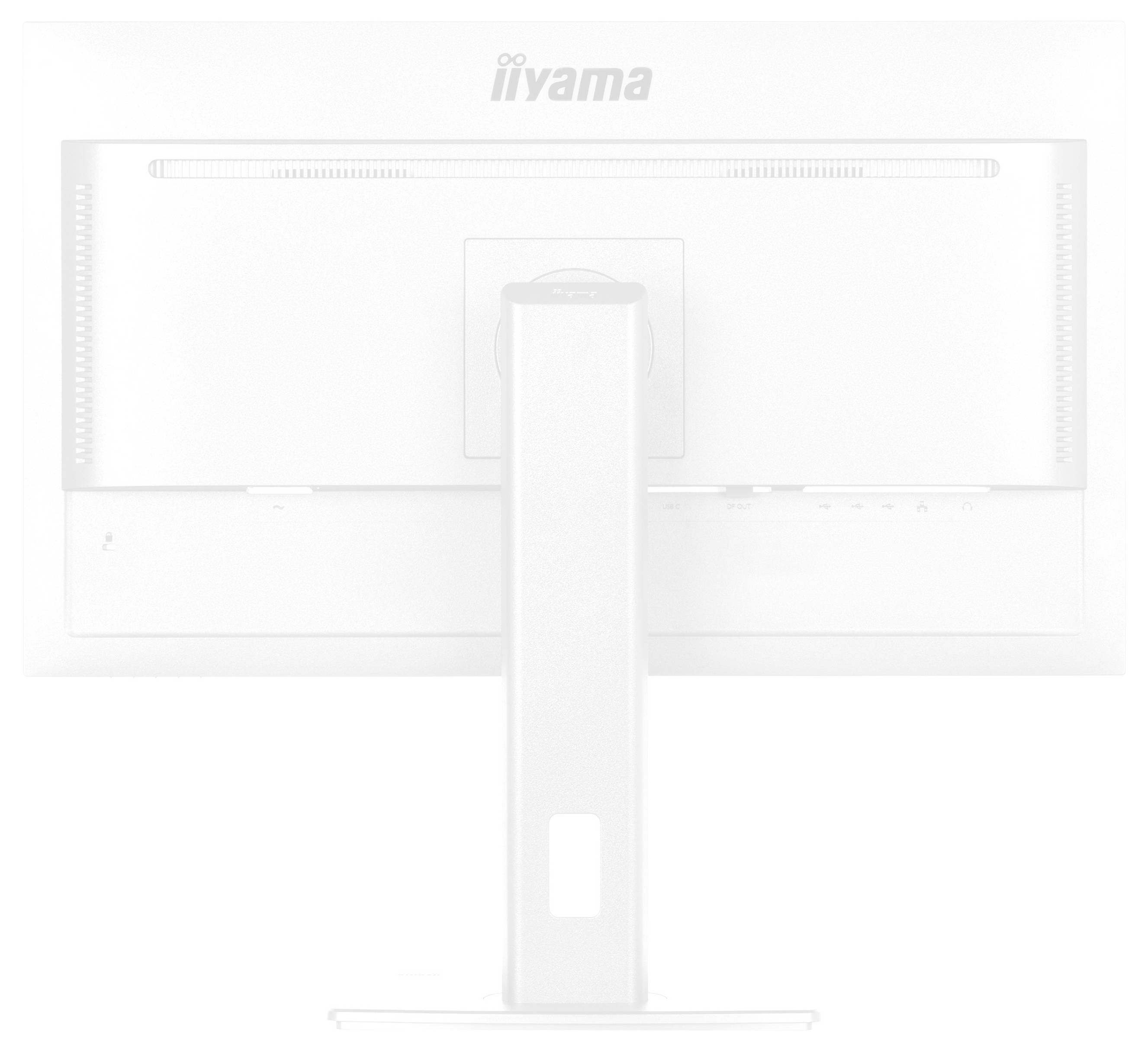 Rückseite eines weißen, modernen Computermonitors mit quadratischem Standfuß und Markenlogo oben in der Mitte.