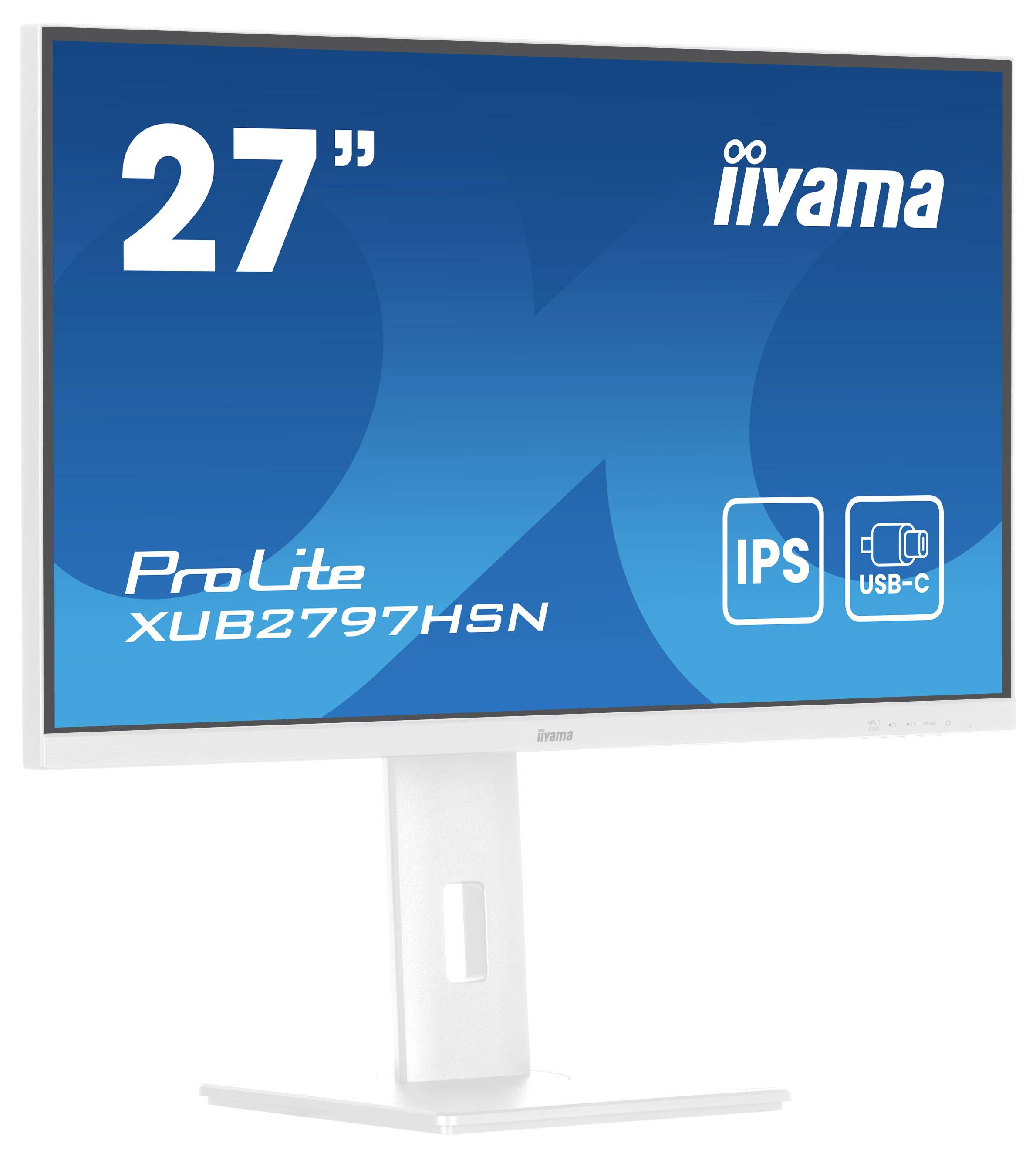 27 Zoll iiyama Monitor mit weißem Rahmen, Modell 'ProLite XUB2797HSN', zeigt IPS- und USB-C-Konnektivität.