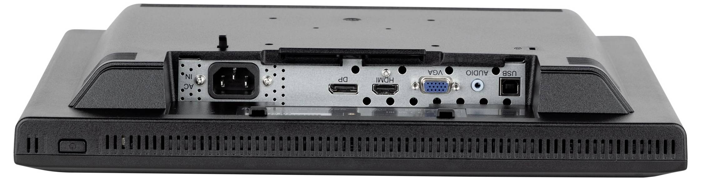 Rückseite eines Monitors mit Stromanschluss, HDMI-, DisplayPort-, VGA- und Audioanschlüssen.