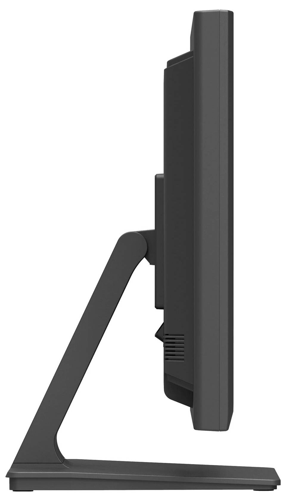 Ein schwarzer Computerbildschirm im Profil, zeigt den schlanken und ergonomischen Standfuß.