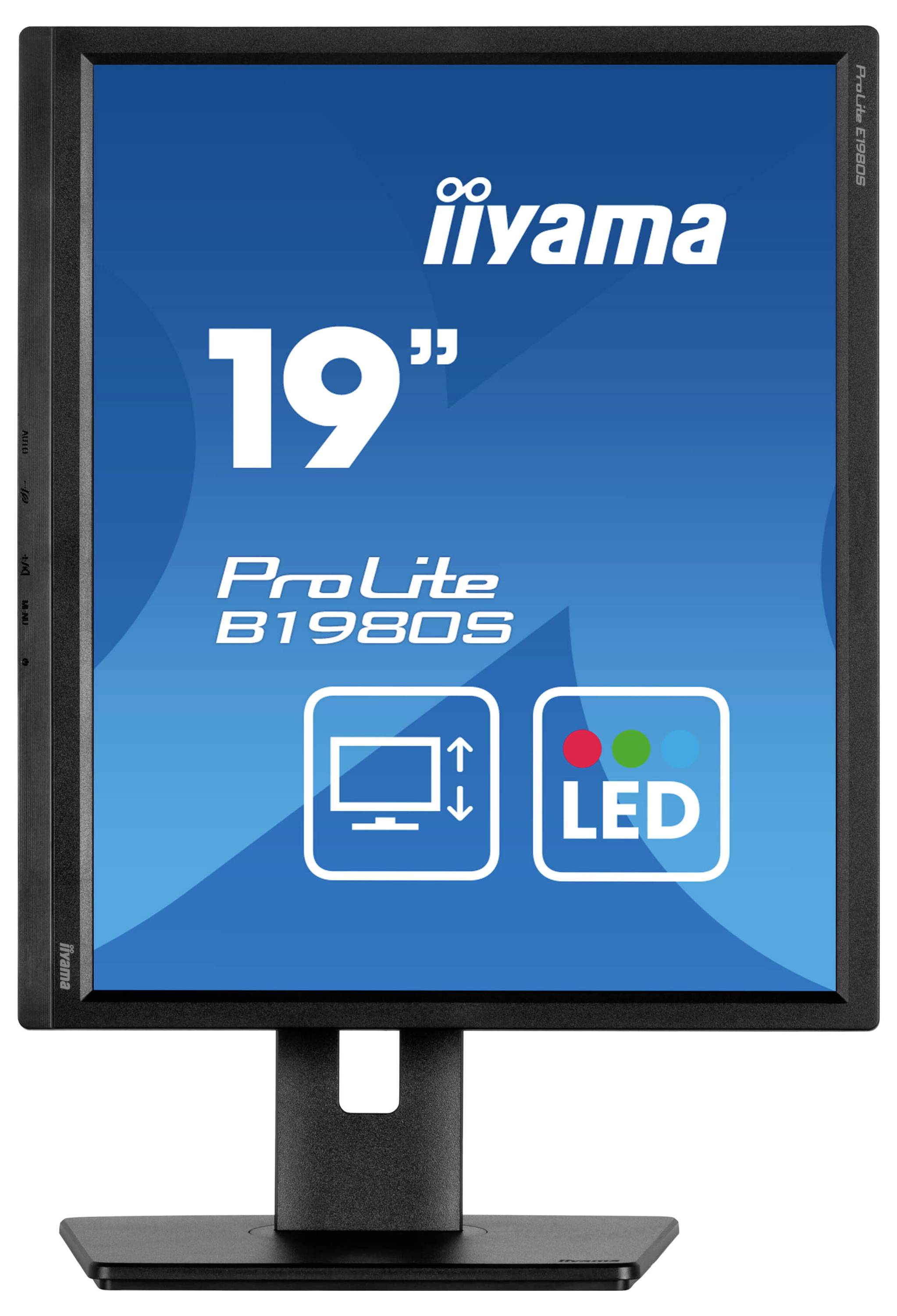 Monitor mit 19 Zoll, Hochformat, Marke 'iiyama', Modell 'ProLite B1980S', LED-Anzeige, Piktogramme für Bildschirmverstellung sichtbar.