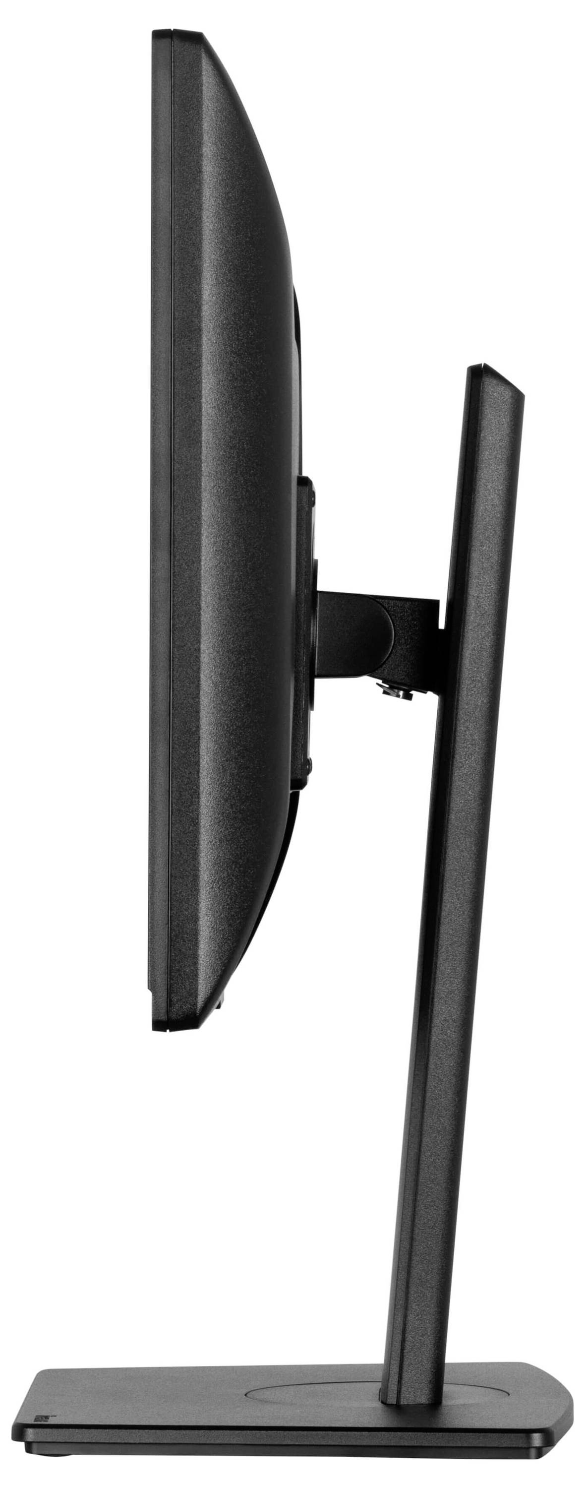 Seitenansicht eines flachen Computerbildschirms auf einem Standfuß. Der Bildschirm ist dünn und modern gestaltet.