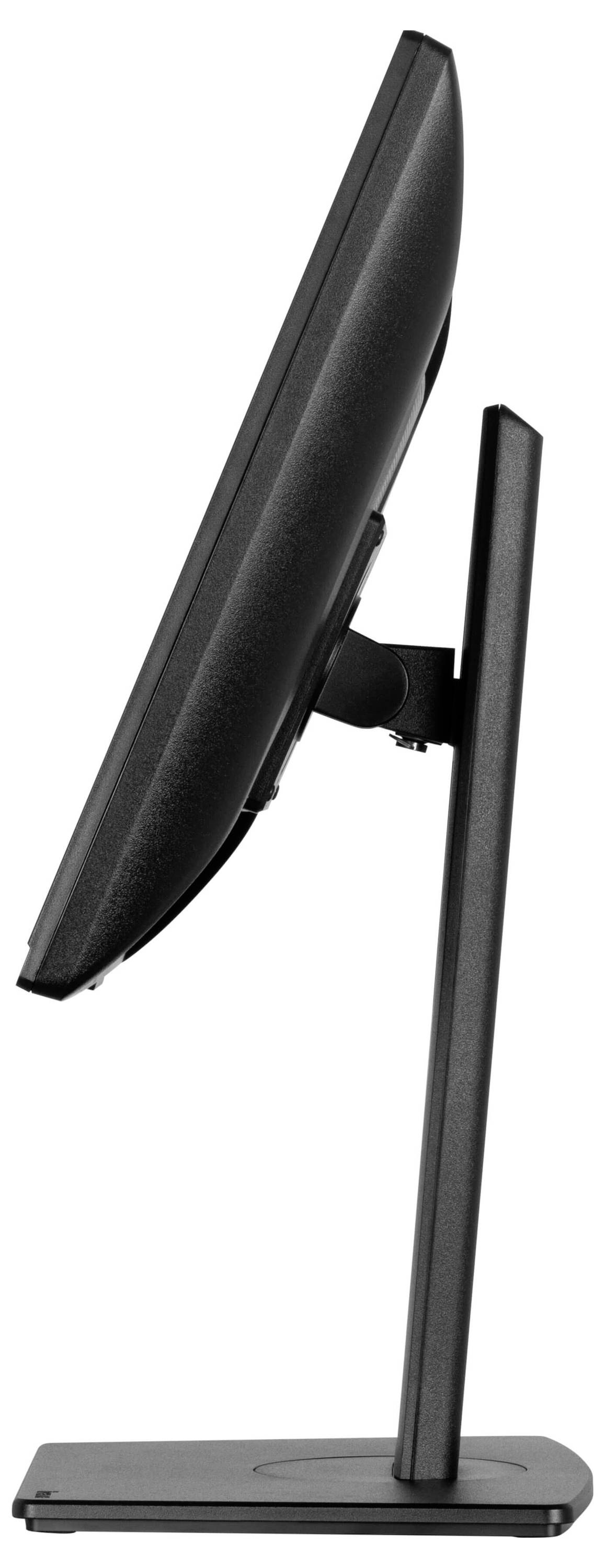 Flacher Computermonitor seitlich gesehen, auf einem rechteckigen Standfuß montiert.