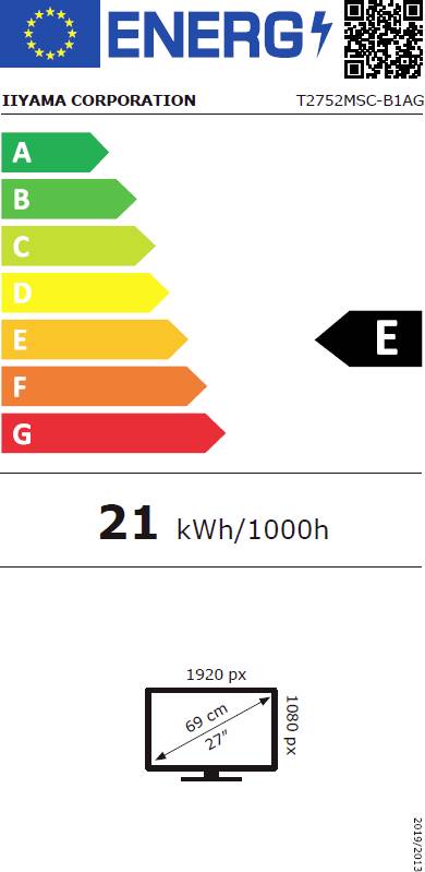 'Energieeffizienzklasse E', 21 kWh/1000h für Modell 'IIYAMA T2752MSC-B1AG'. Bildschirmgröße: 69 cm, 27 Zoll.