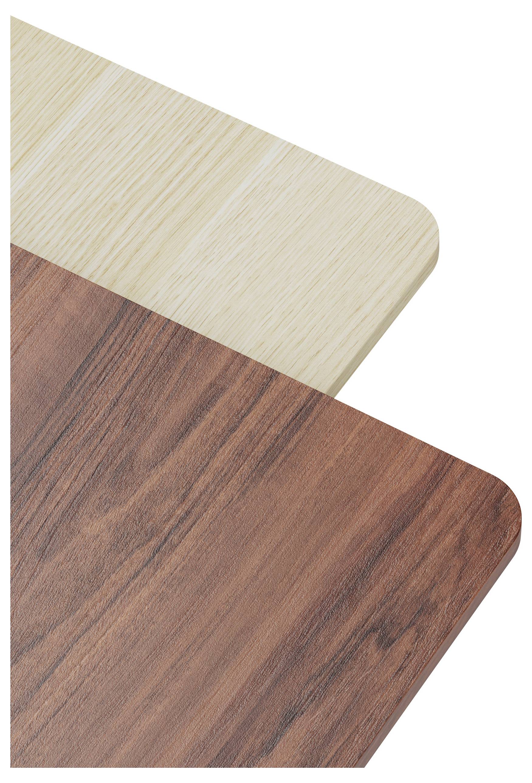 Zwei Holzplatten in heller und dunkler Holzoptik, übereinander platziert.